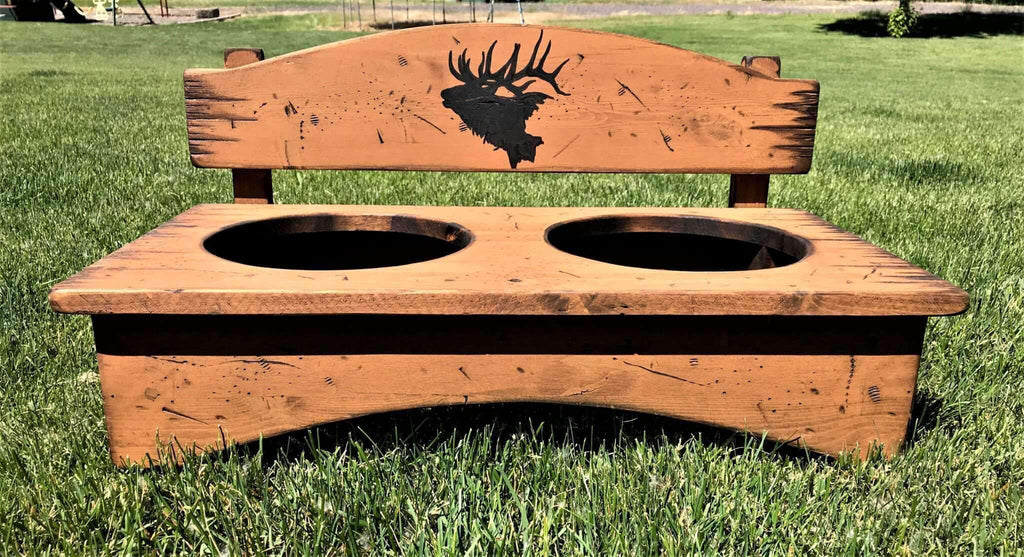 Custom pine raised feeding station for dogs. Rustic with elk image. Made in the USA. Your Western Decor