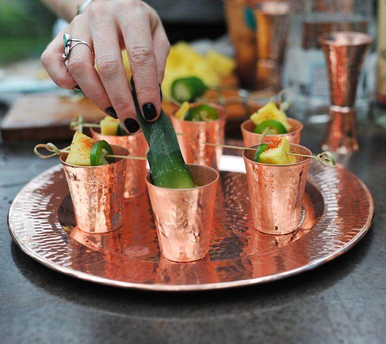 Hammered copper shot glasses and round hammered copper tray - Your Western Decor