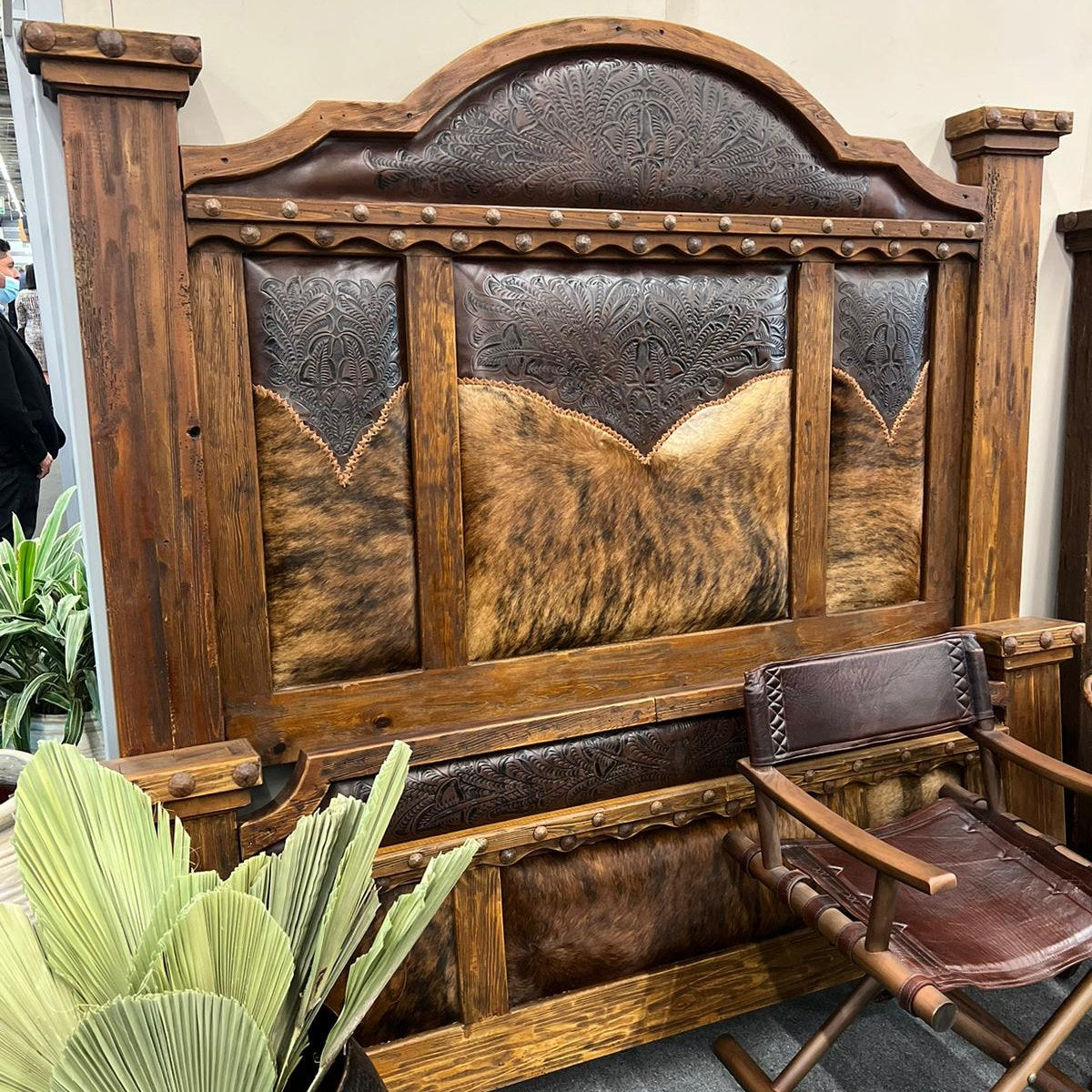 Tooled leather and brindle cowhide western bed frame - Your Western Decor