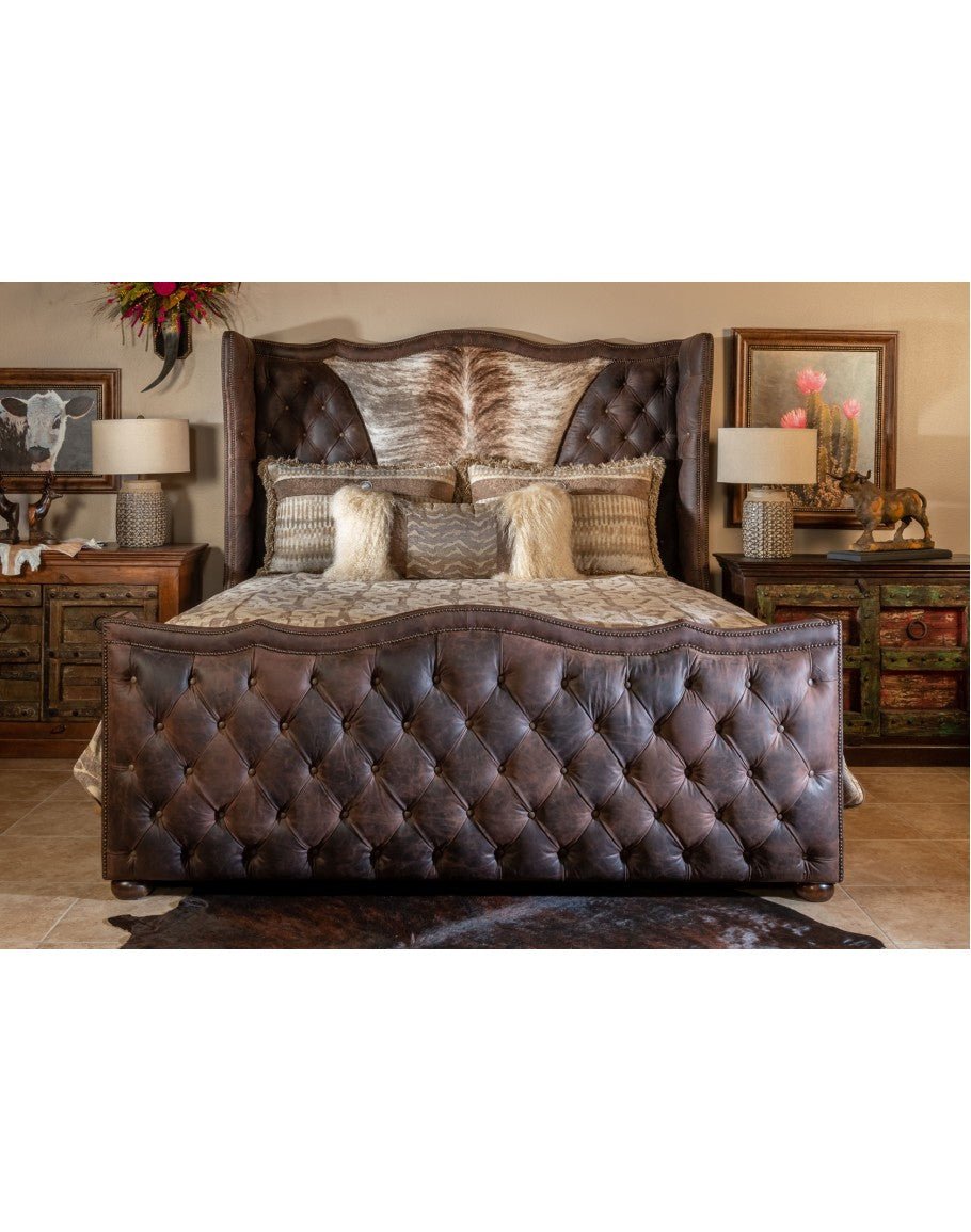 Western Cowhide and Leather Tufted Bed - American made bedroom furniture - Your Western Decor