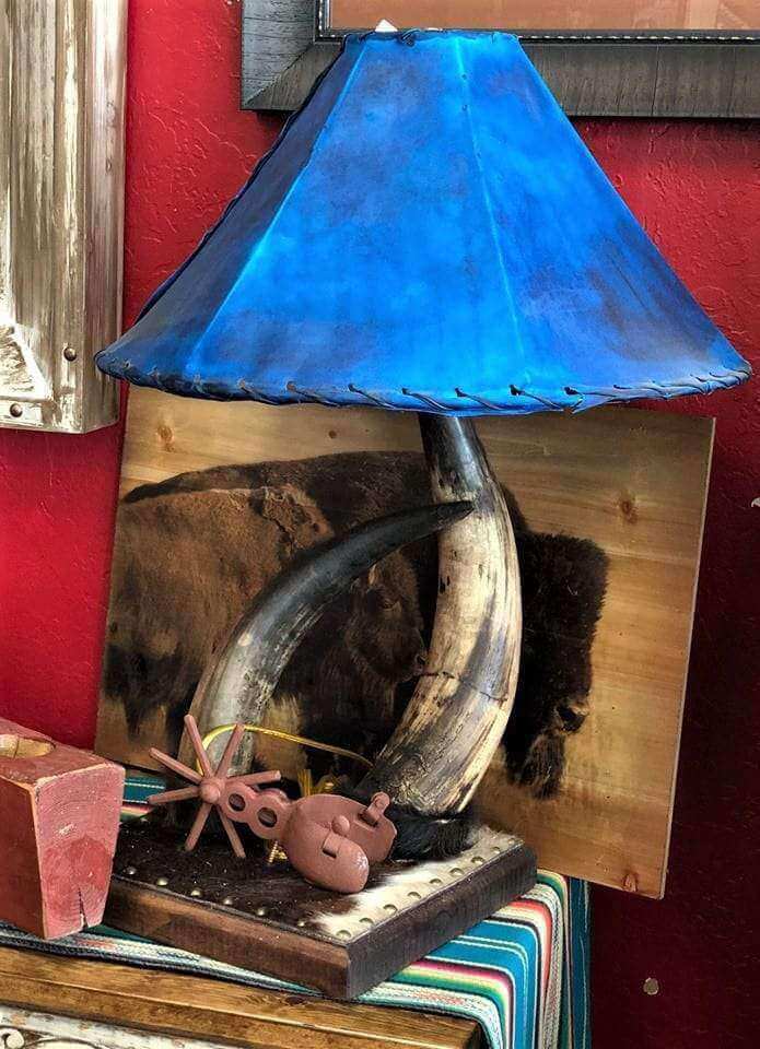 Western steer horn table lamp with blue rawhide lamp shade - Your Western Decor