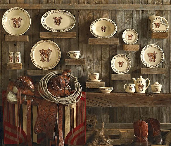 Boots and Saddle Western Dinnerware Display on wood wall - Your Western Decor