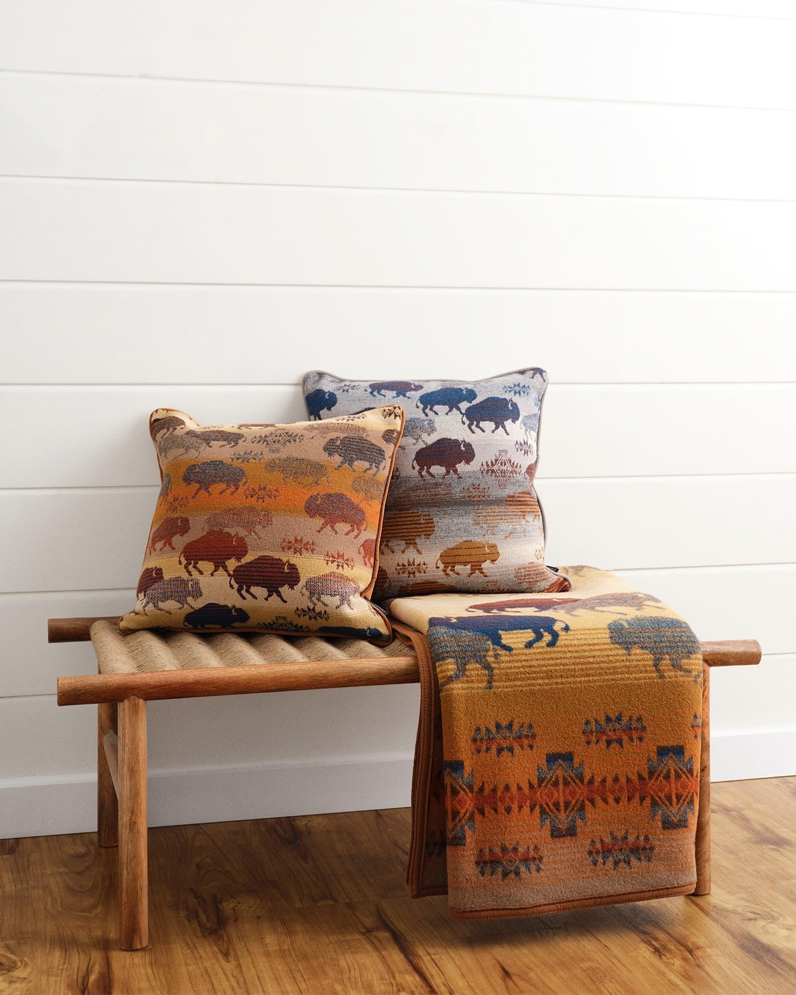 Prairie Rush Hour Pendleton throw blanket and pillows with buffalo and Native-Inspired Design 