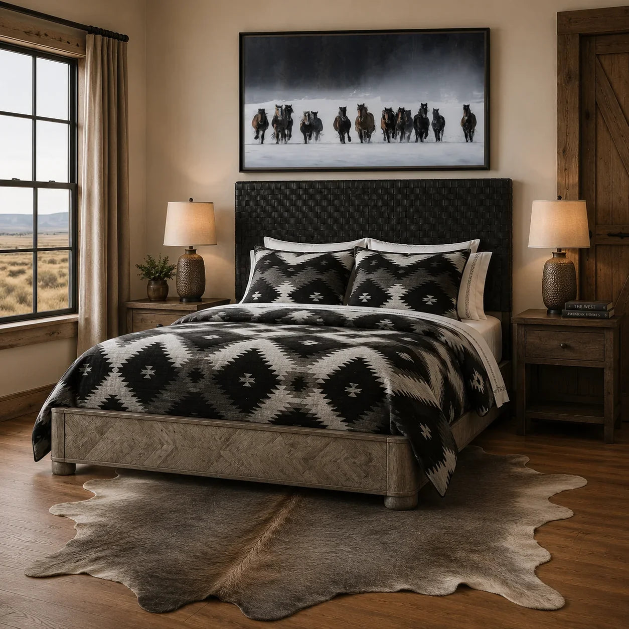 Black Mesa Southwestern Bedding with grey cowhide rug, leather bed, and Wild Winter Horse Canvas Art