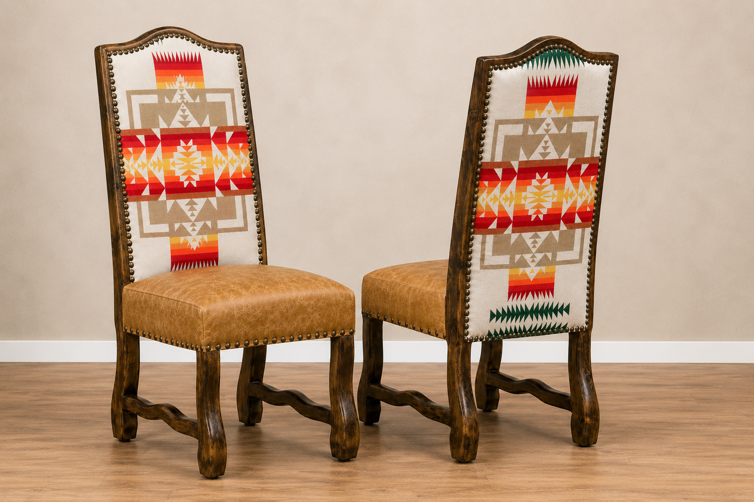 Pendleton Chief Joseph fabric and leather dining chairs 