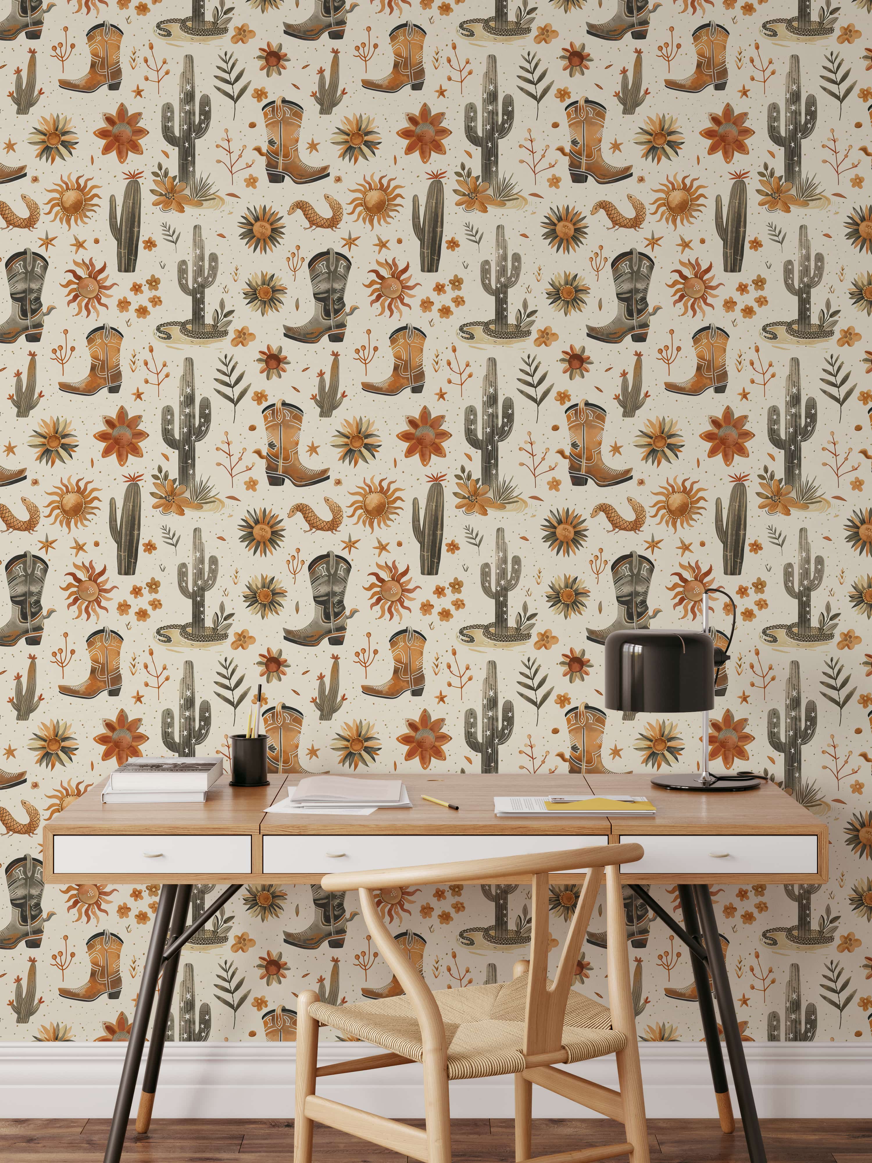 Cowboy boots, cactus and flowers over cream background, western wallpaper - Your Western Decor