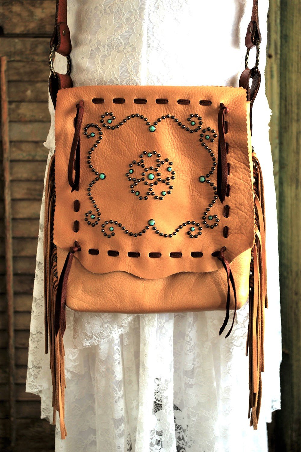 Rustic Western Hair On Hide and Distressed Dusk Brown Leather Concho Shoulder 2024 Handbag Purse