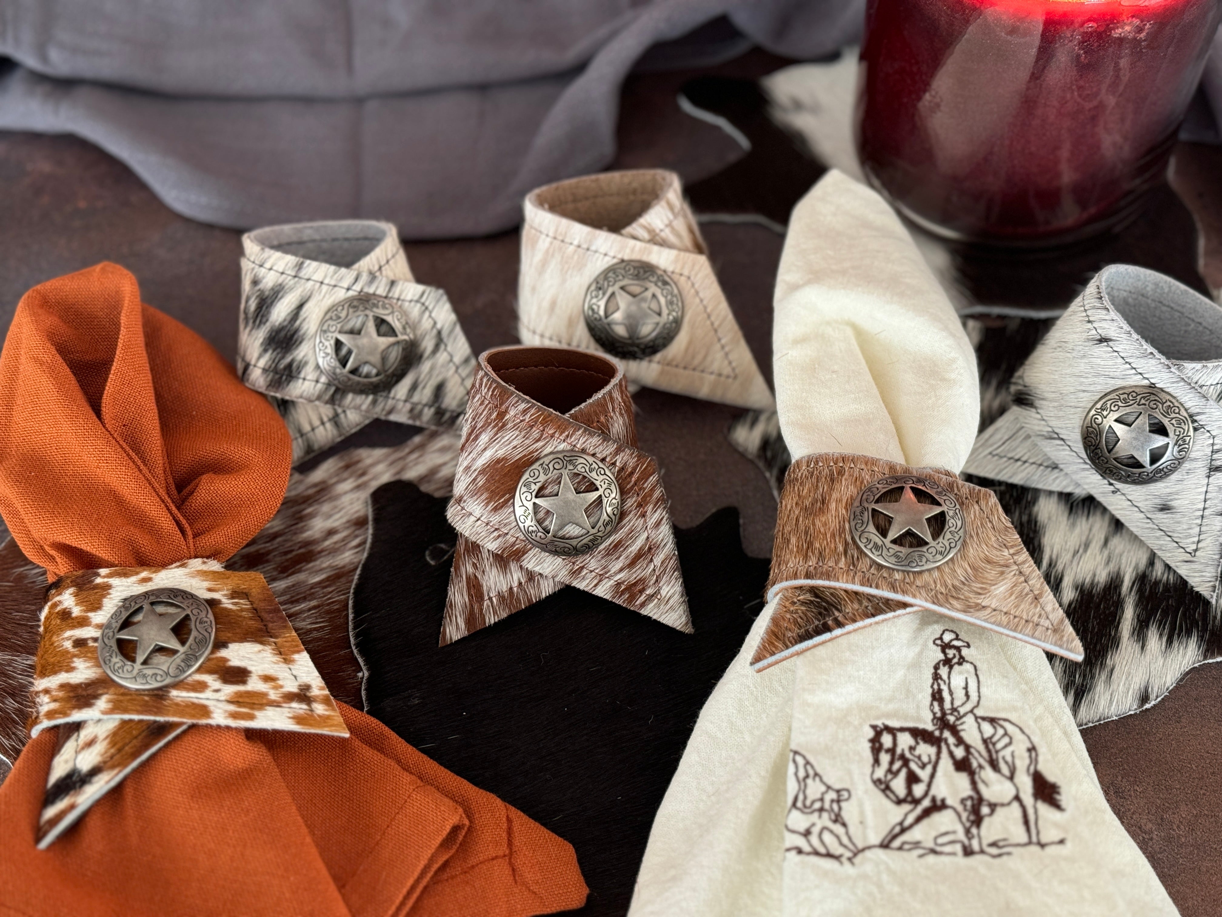 Handmade cowhide western napkin rings with conchos - Your Western Decor