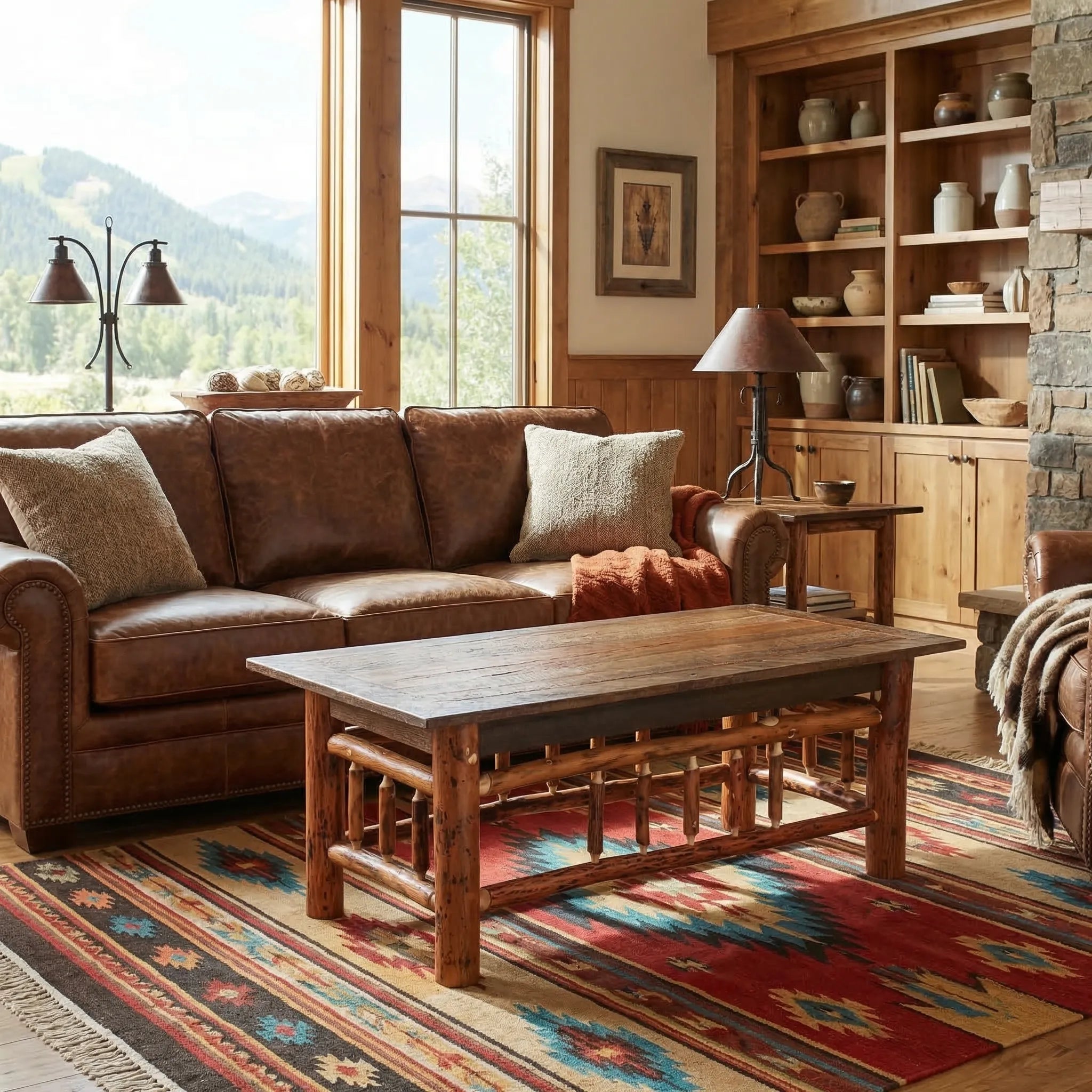 Lodge living room with leather sofa an Appalachian Wood coffee table