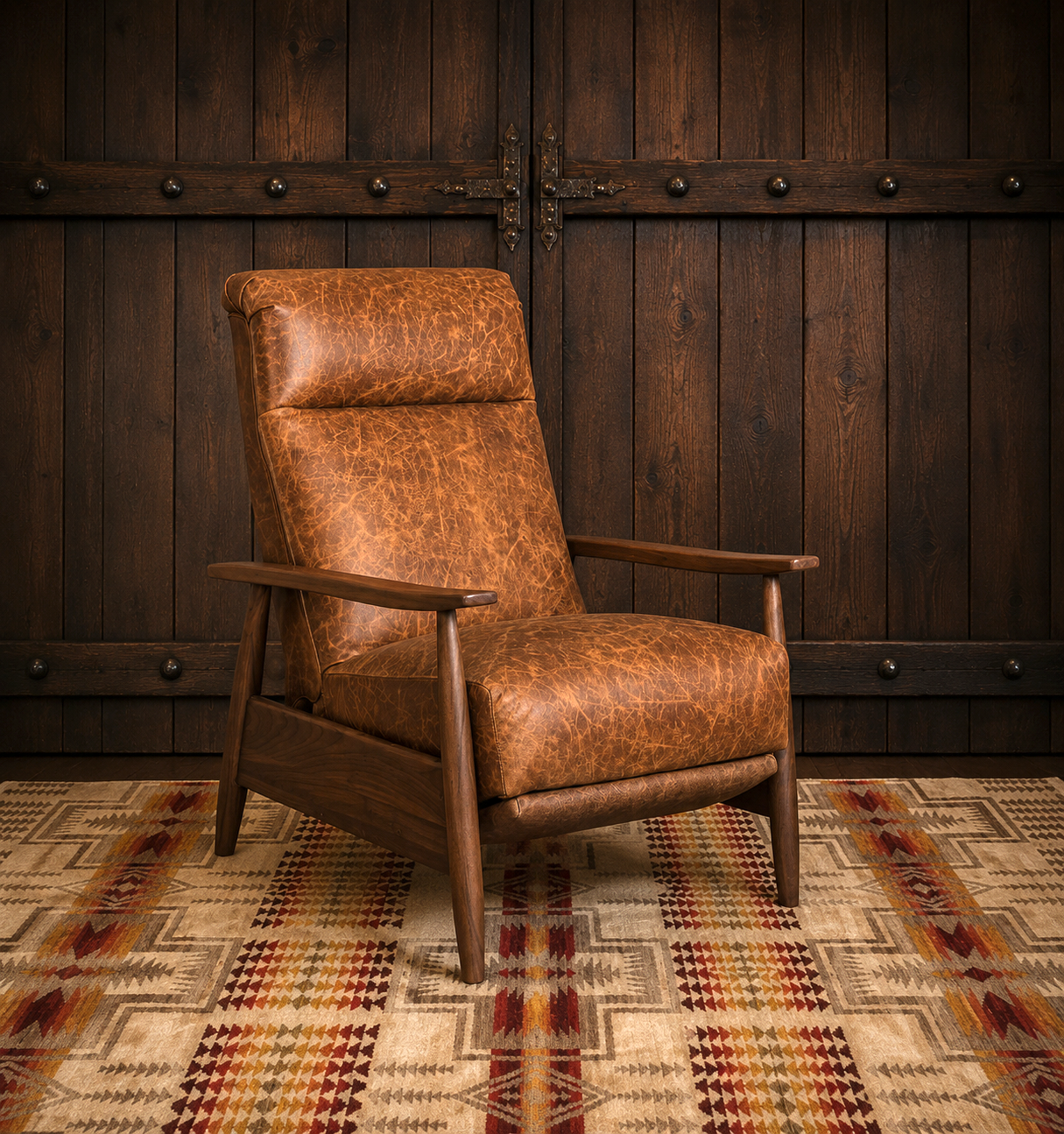 Panhandle Retro Leather Recliner upholstered in distressed Artisan top-grain leather with a solid walnut frame on Pendleton Harding rug