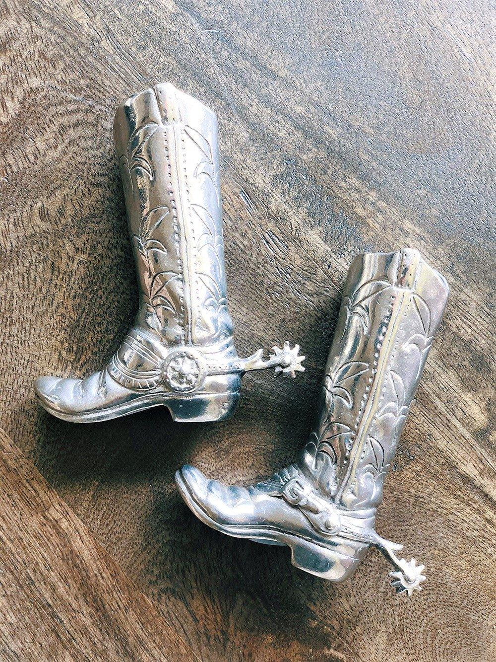 Pewter carved cowboy boots sale and pepper shakers - Your Western Decor