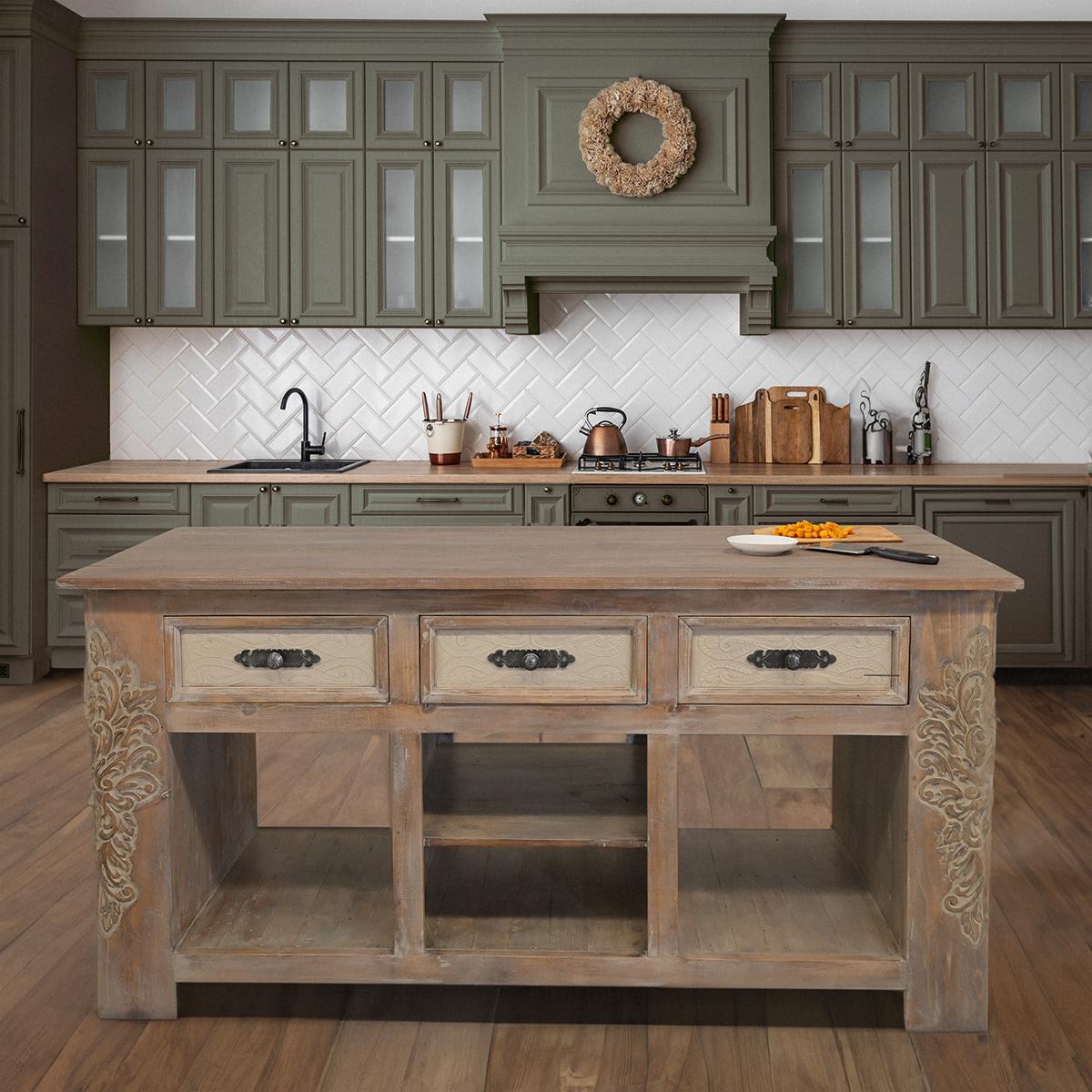 Rustic kitchen island with 3 drawers and shelving 