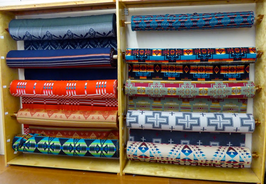 Pendleton fabric rolls on display at pendleton Woolen Mills
