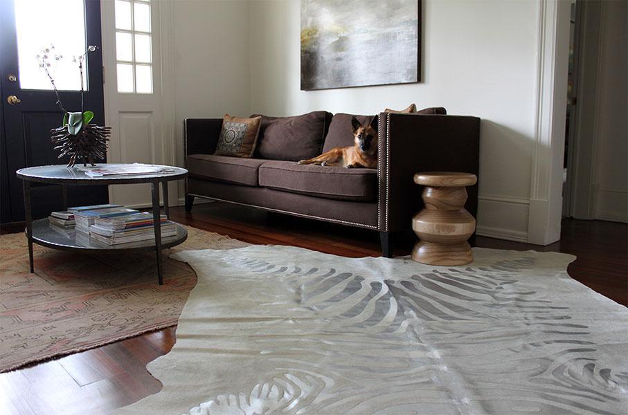 Exotic metallic zebra stenciled cowhide rug