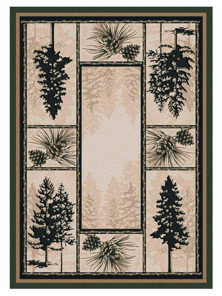 Decorative forest area rug. Pine tress, pine cones, Green beige Made in the USA - Your Western Decor