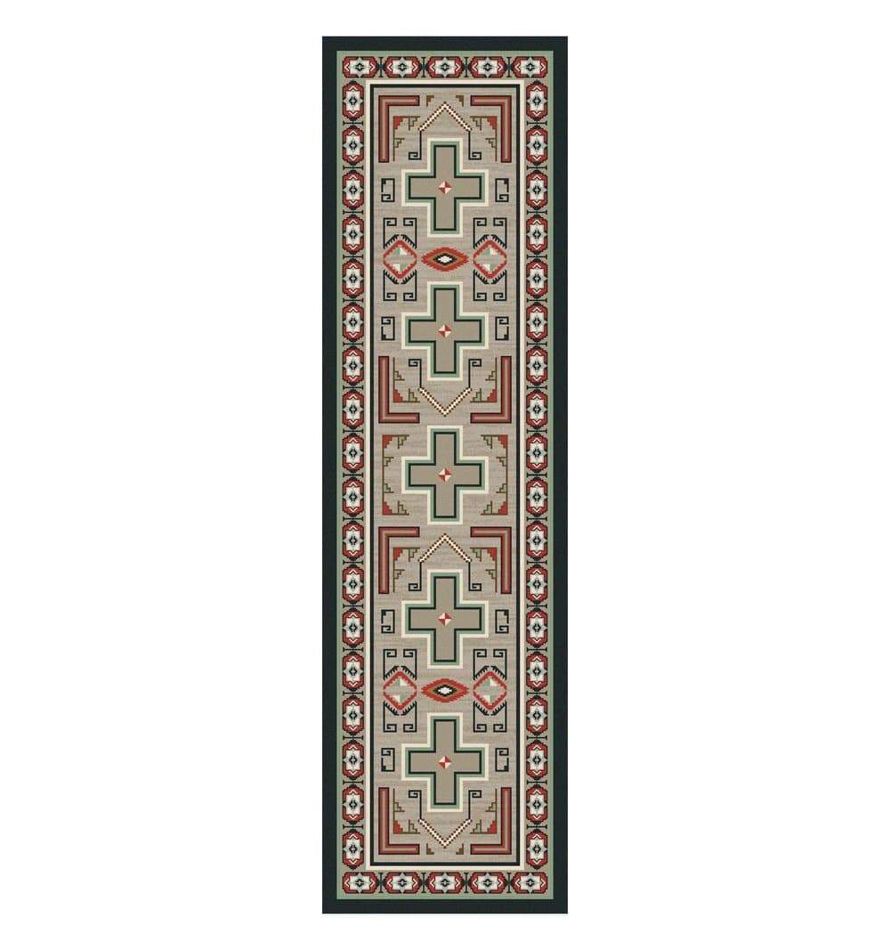 Red, tan, black, orange, beige western runner rug. Made in the USA. Your Western Decor, LLC