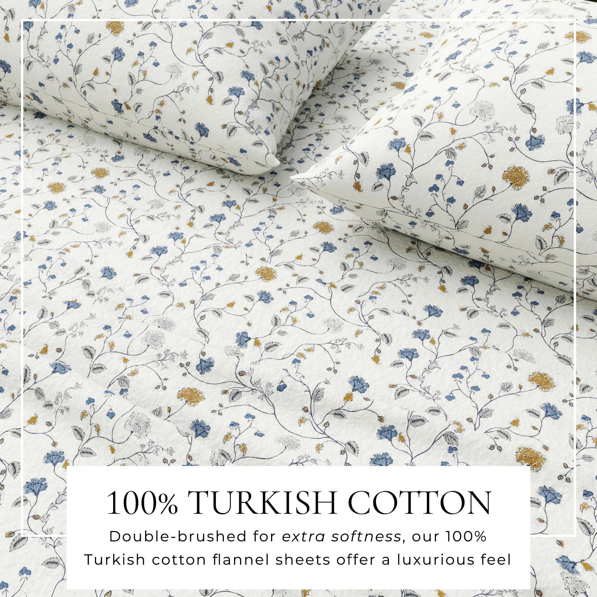 Floral patterned Turkish cotton flannel sheets on a white background