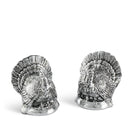 Two silver turkey-shaped salt and pepper shakers on a white background