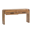 Rustic wood console table with one drawer open 