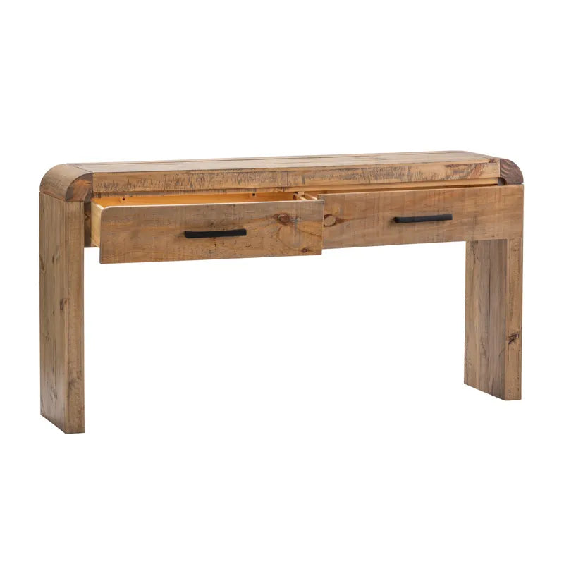 Rustic wood console table with one drawer open 
