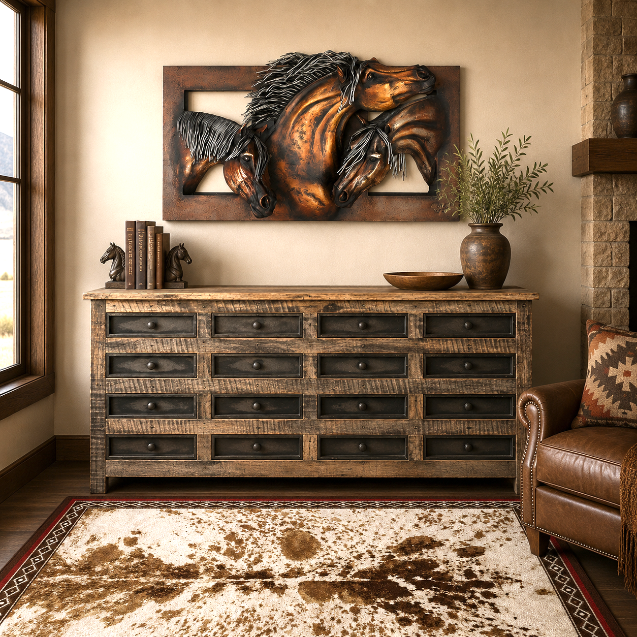Rustic farmhouse sideboard cabinet with multiple drawers in Western-inspired interior with leather chair, cowhide print rug, and 3D horse wall sculpture 