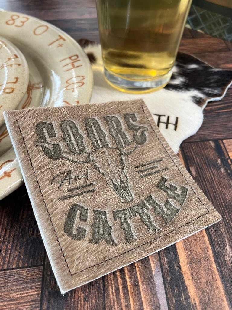 Custom Coors and Cattle Cowhide Coaster -  Your Western Decor