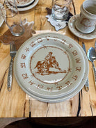 Blue Mountain Brands Western Dinnerware Set with barrel racer, barbed wire and Oregon ranch brands - Made in Pendleton Oregon for Your Western Decor