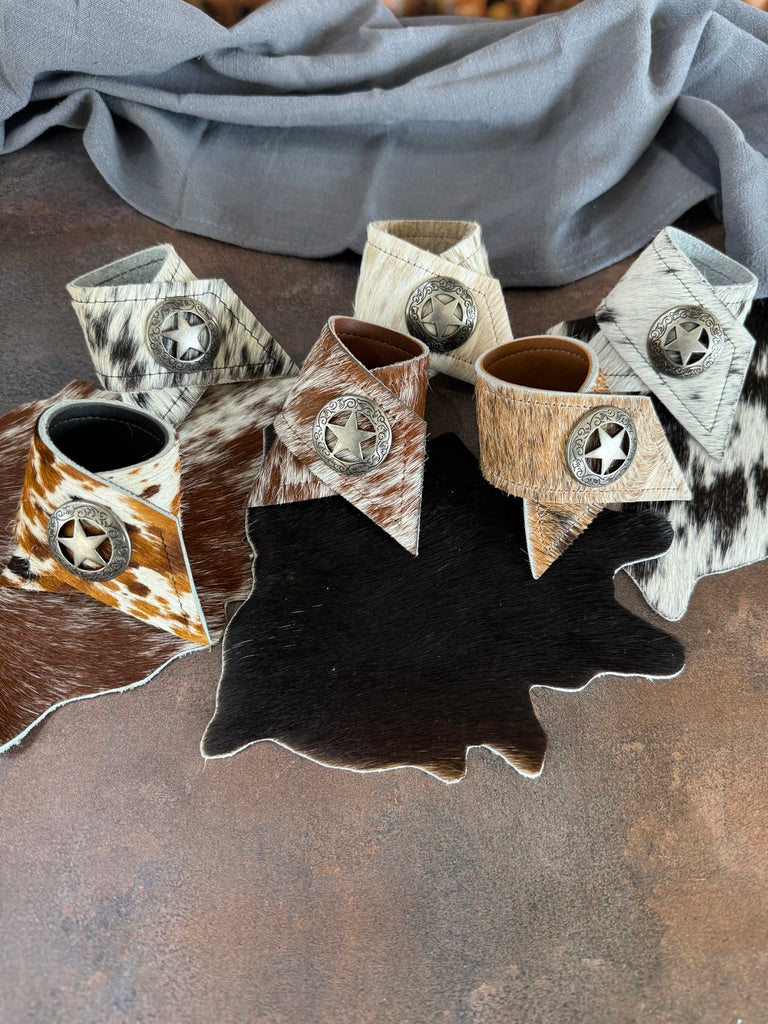 Handmade assorted 6-pc cowhide western napkin rings with conchos - Your Western Decor