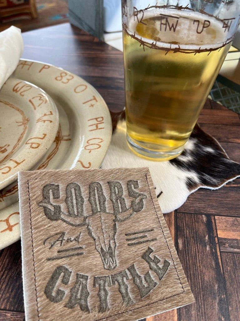 Custom made lasered cowhide coasters and brands tableware - Your Western Decor