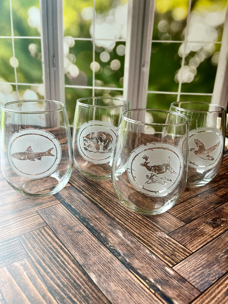 Wildlife Sand Carved Stemless Wine Glasses made in the USA - Your Western Decor