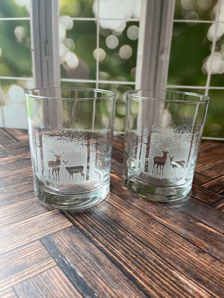 2-pc Deer in Trees Deep Sand Carved Rocks Glasses made in the USA - Your Western Decor