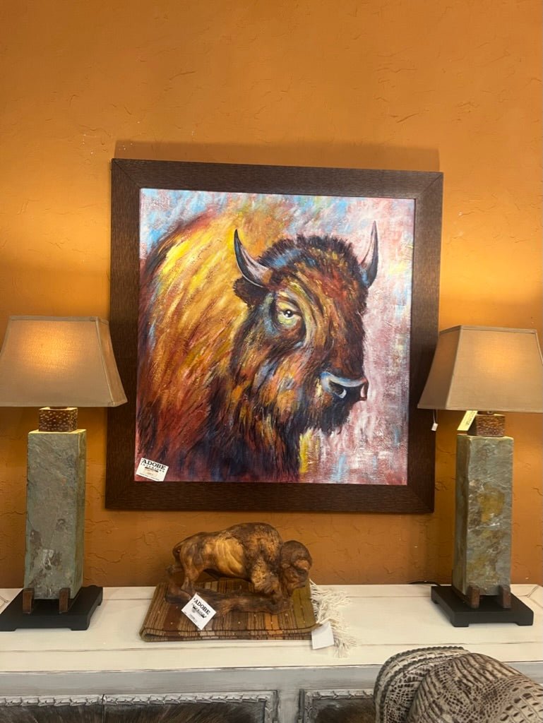 Slate table lamps with bison art and bison sculpture - Your Western Decor