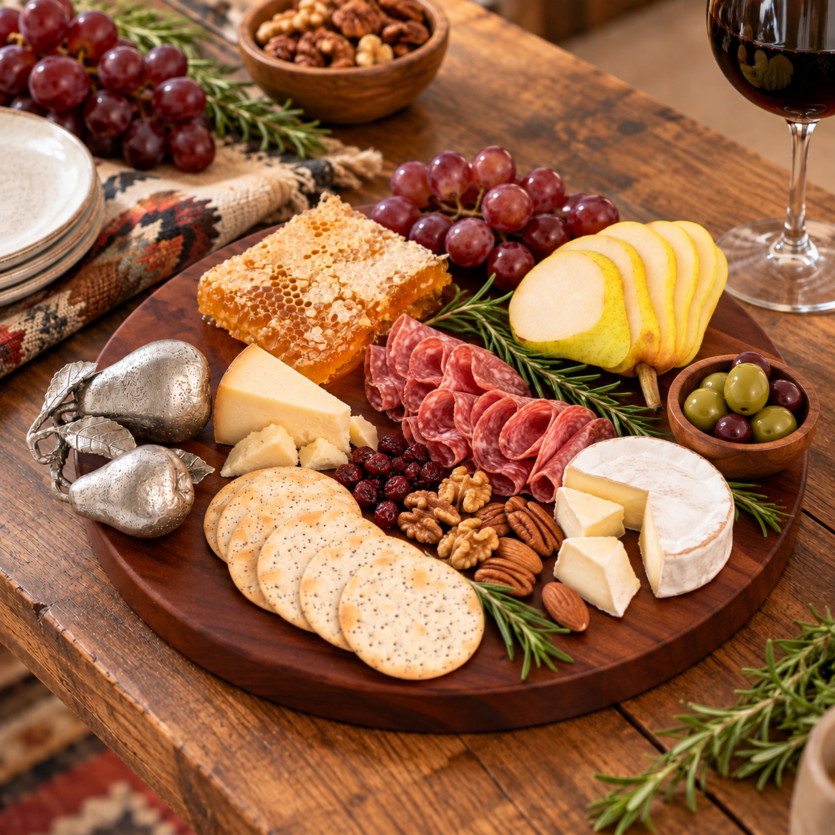 A rustic wooden charcuterie board with aluminum pear embellishment arranged on a wooden table with cheeses, crackers, cured meats, nuts, grapes, pear slices, olives, honeycomb, rosemary, and a glass of red wine nearby.