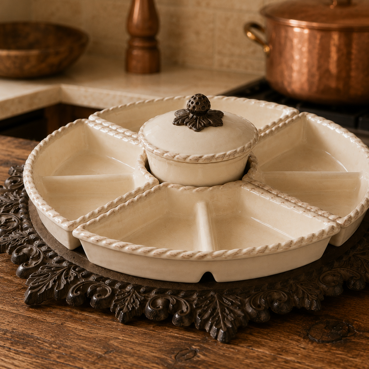 Close-up of embossed stoneware serving dishes and decorative metal lazy Susan base.