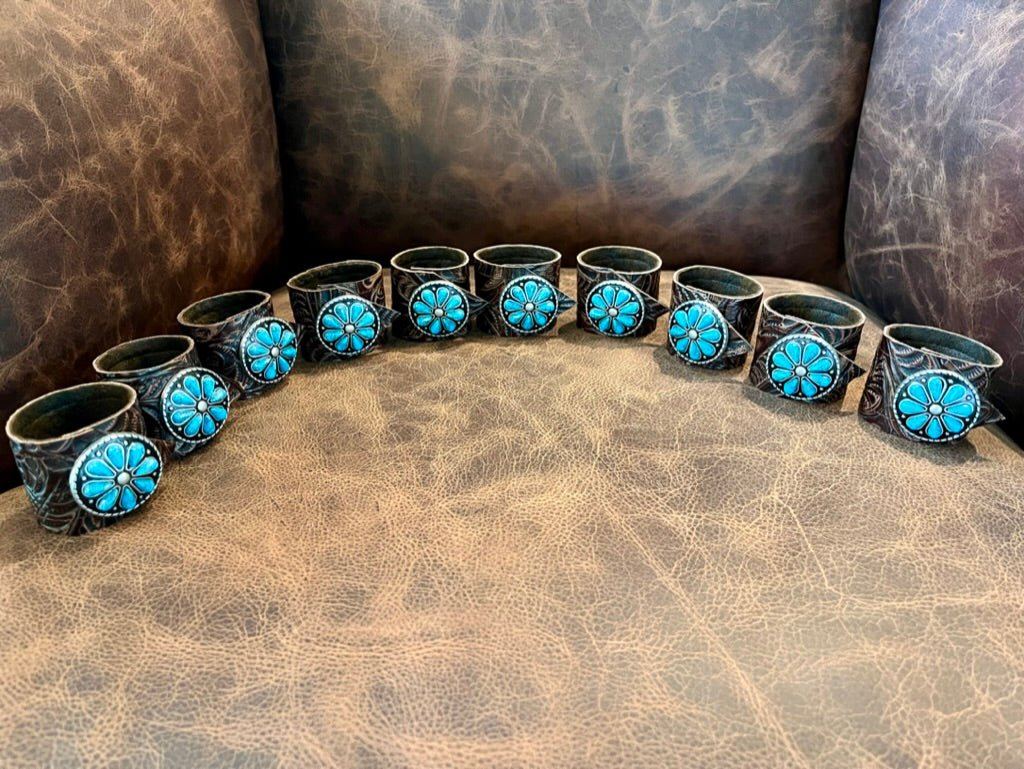 Turquoise stone conchos and leather napkin rings - Your Western Decor