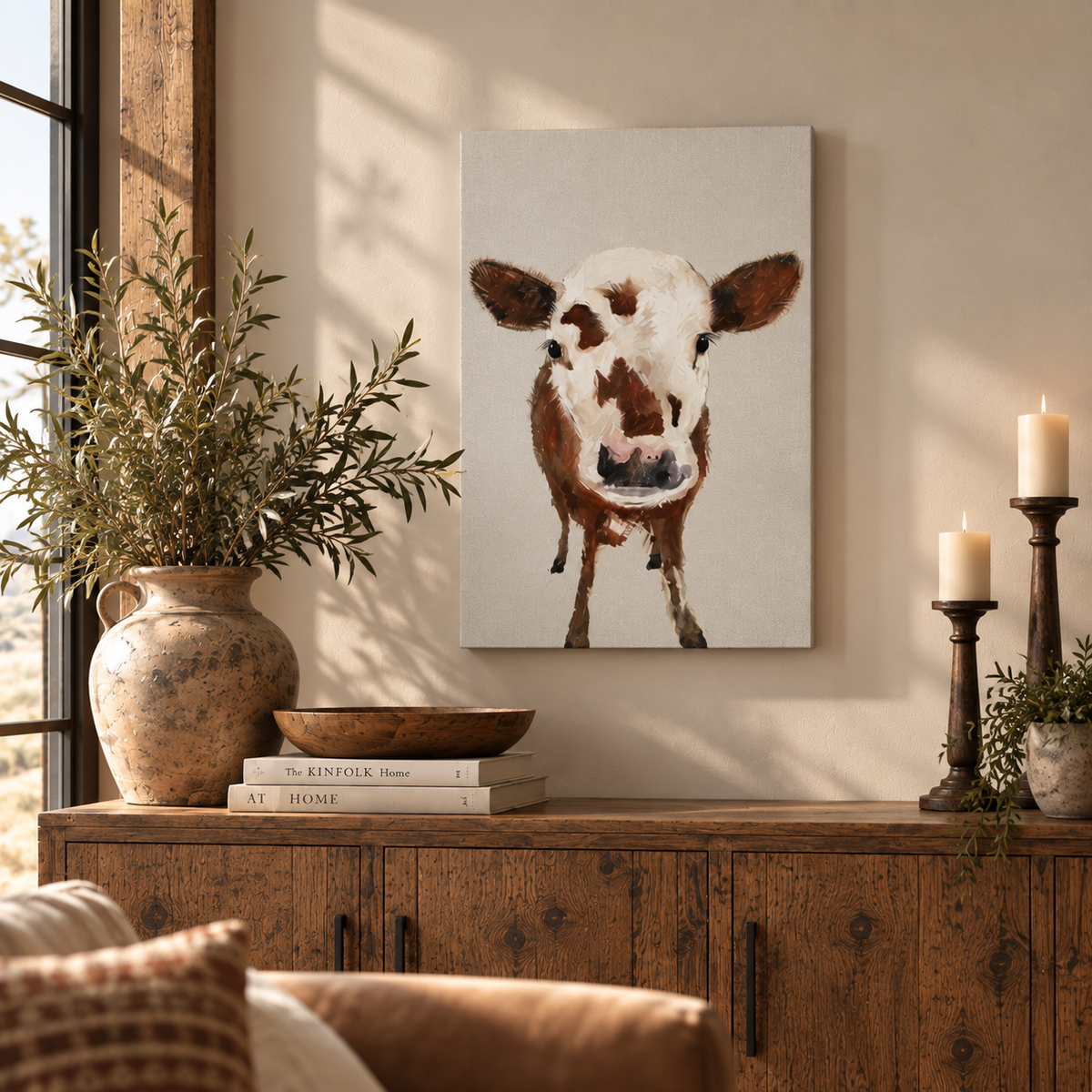A vertical canvas wall art print depicting a brown and white cow, styled in a warm, rustic living room setting above a wooden console table with a vase, books, and candles.