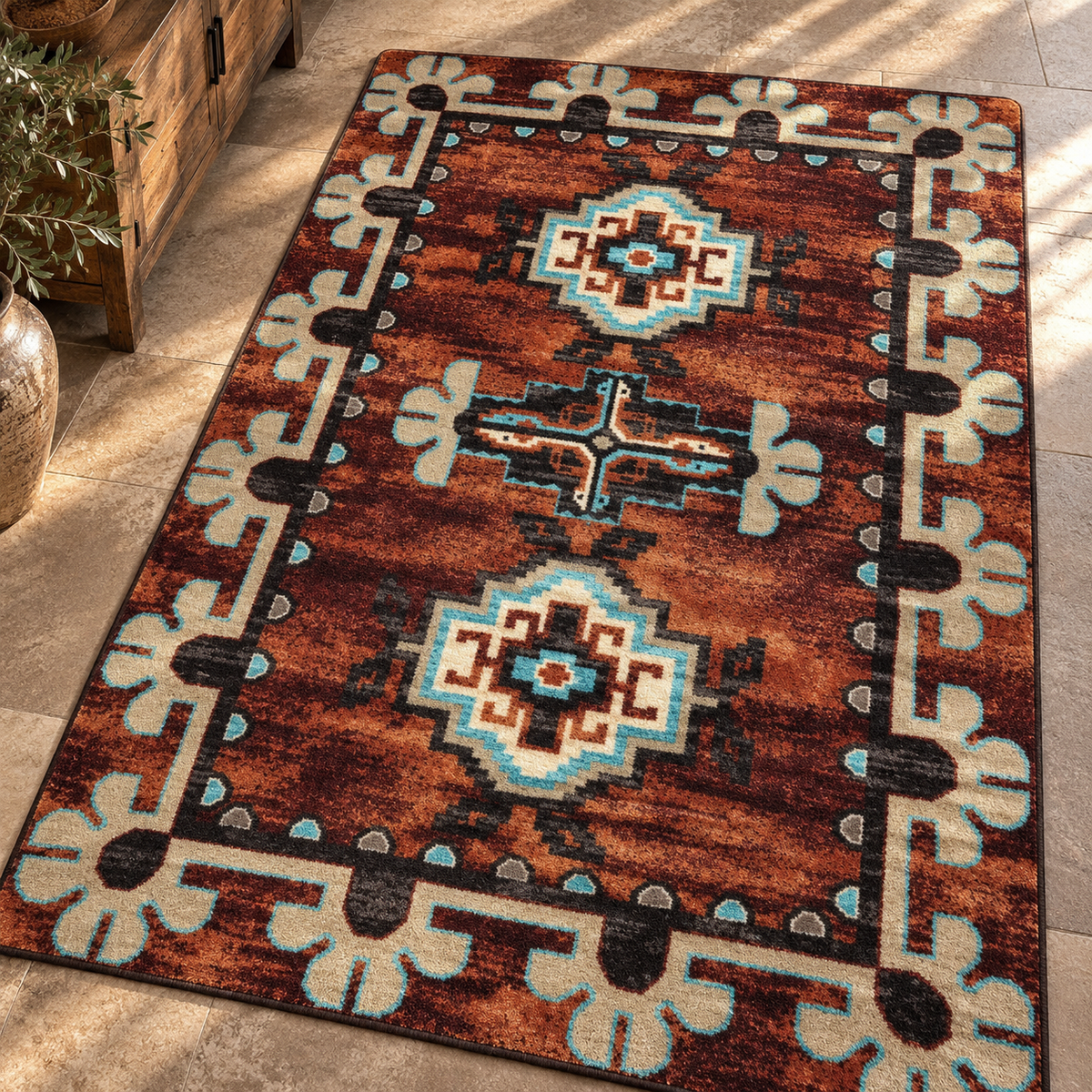 Badlands Rust Southwestern area rug with turquoise, cream and dark brown geometric design in a modern Western setting