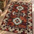 Badlands Rust Southwestern area rug with turquoise, cream and dark brown geometric design in a modern Western setting