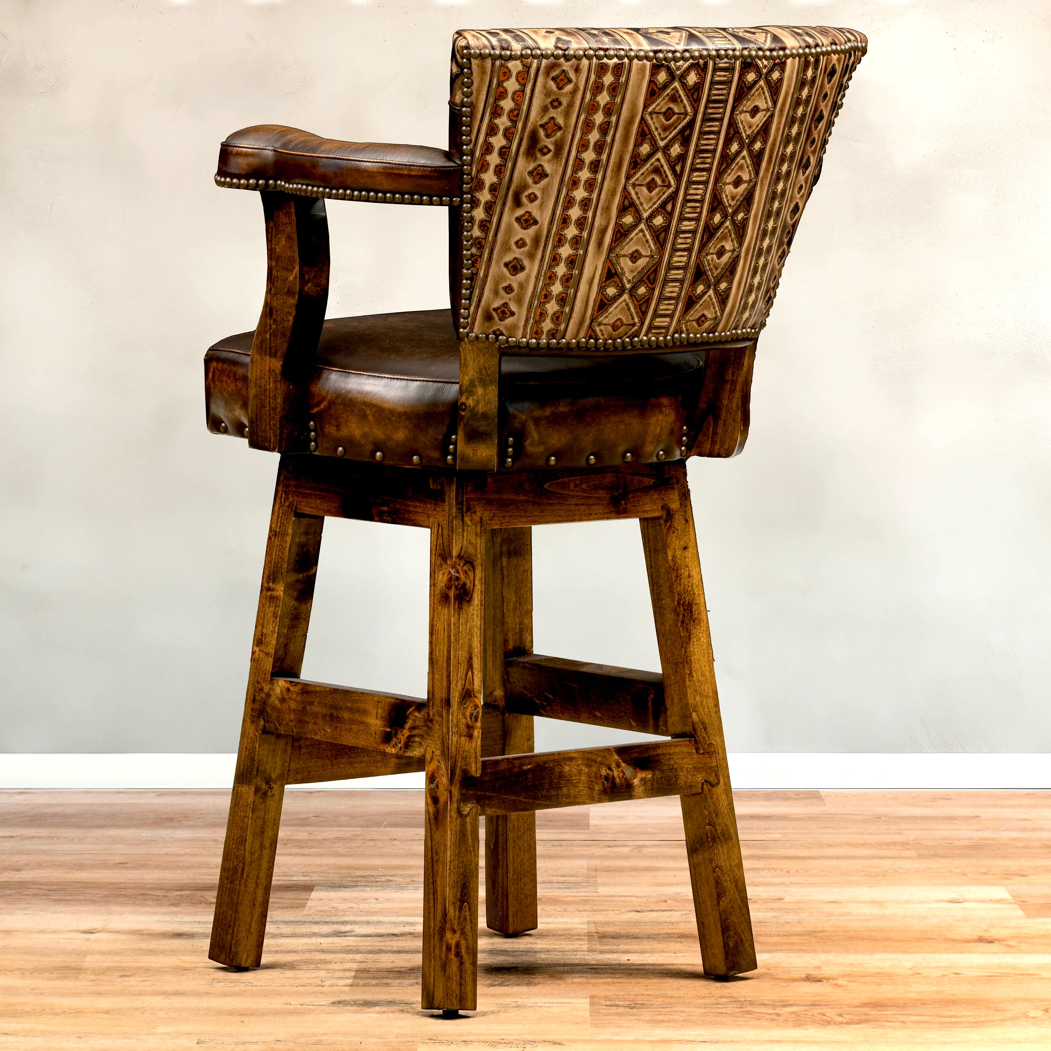 Navajo Leather Southwest Bar Stools with arms and swivel custom made in the USA - Your Western Decor