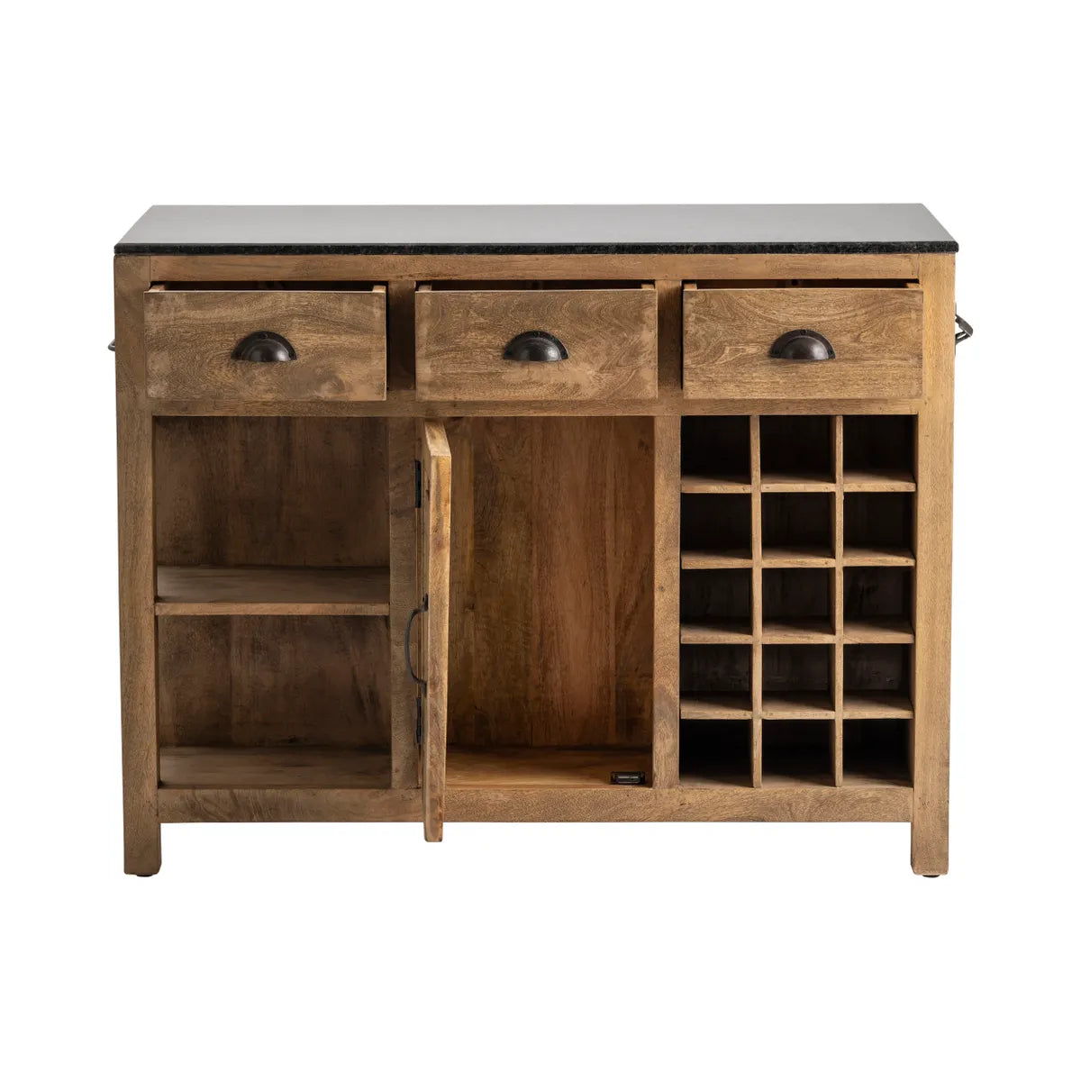 Bengal Mango Wood & Granite Island - Mango Wood with brown Stain - Black hardware - 15 beverage slots - 2 shelves - 3 drawer pulls - Dark Granite top - Your Western Decor