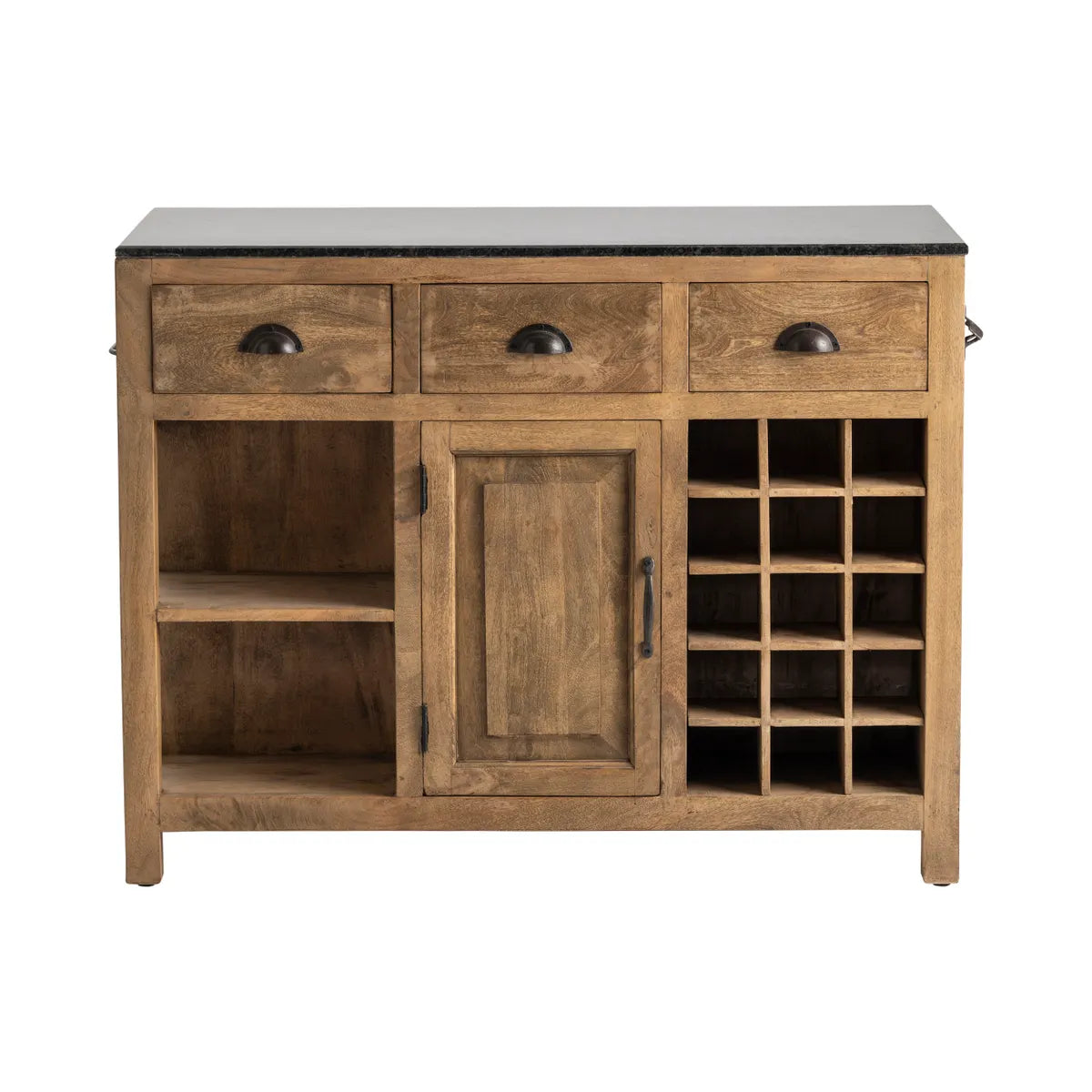 Bengal Mango Wood & Granite Island - Mango Wood with brown Stain - Black hardware - 15 beverage slots - 2 shelves - 3 drawer pulls - Dark Granite top - Your Western Decor