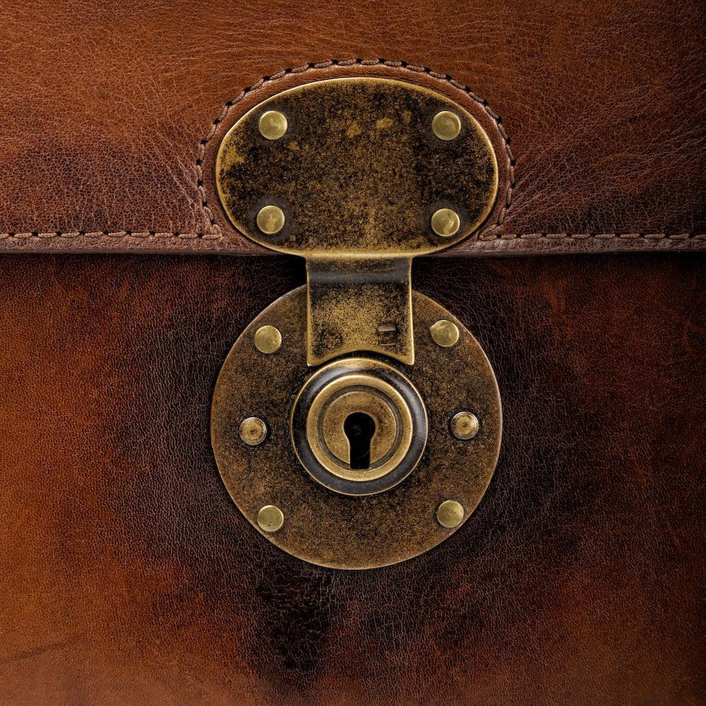 Benjamin Hickory Leather Executive Briefcase key lock detail - Your Western Decor