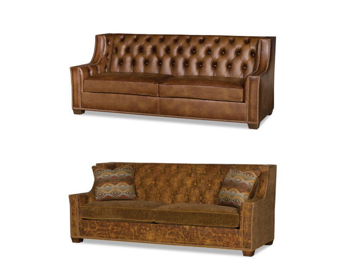 Benton tufted leather sofas upholstered in custom materials 