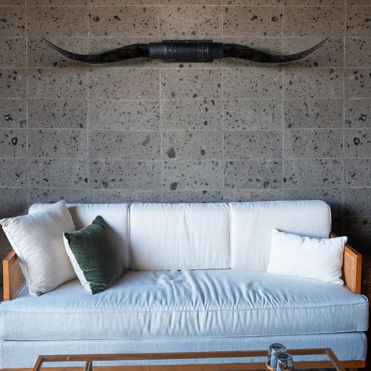 Black Stalker Carved Longhorn Mount over sofa - Your Western Decor