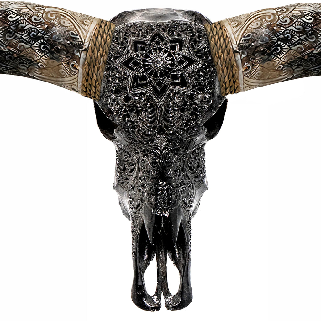 Mandala Carved Longhorn Skull Black - Your Western Decor
