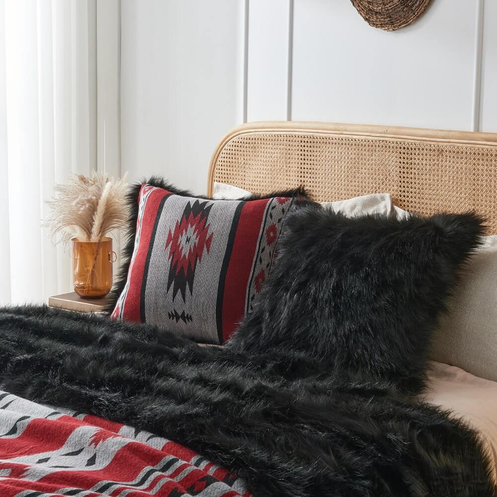 Faux Fur Aztec Pillow Covers Red+Black.Your Western Decor