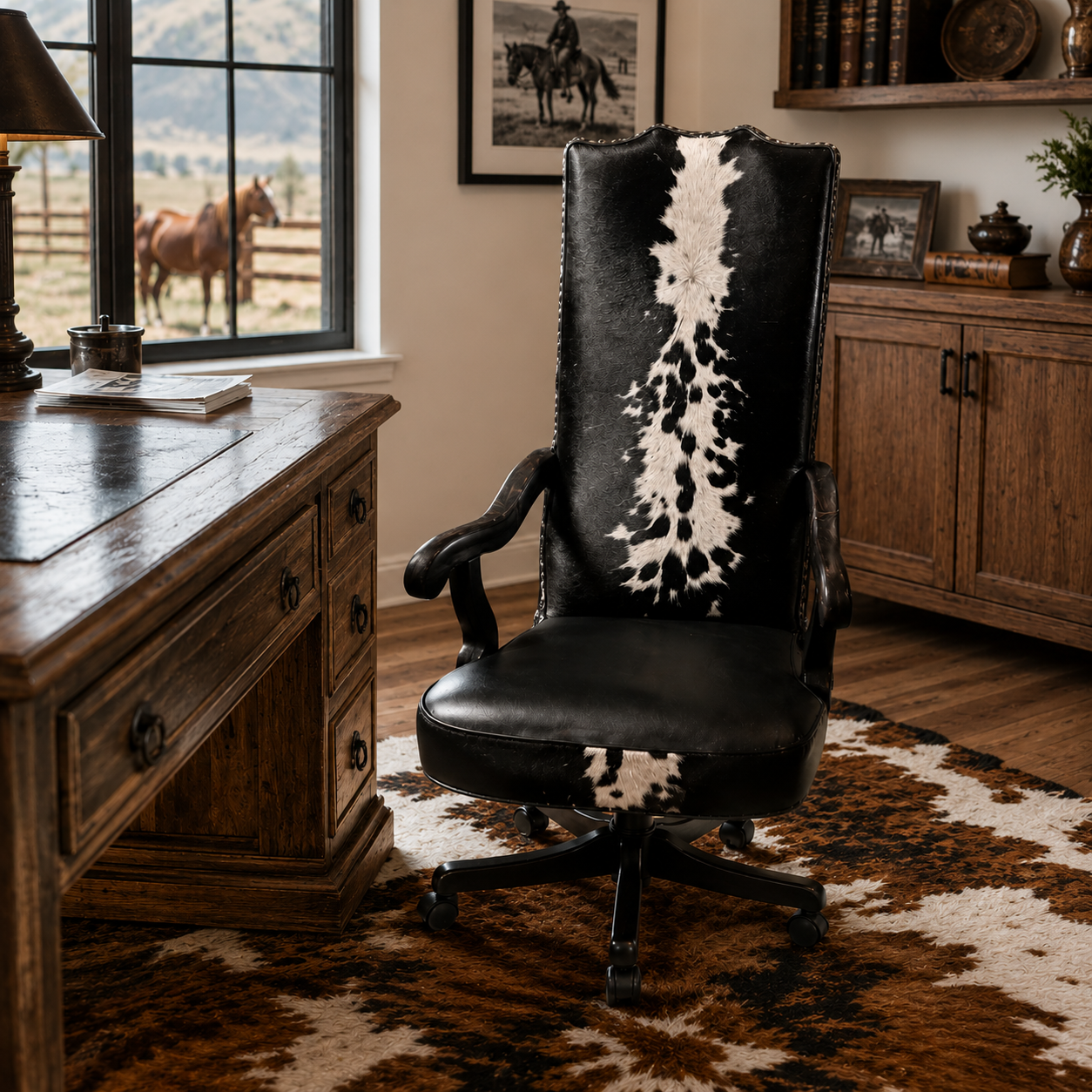 Black & White Leather and Cowhide Executive Office Chair in office with wooden furniture and western decor