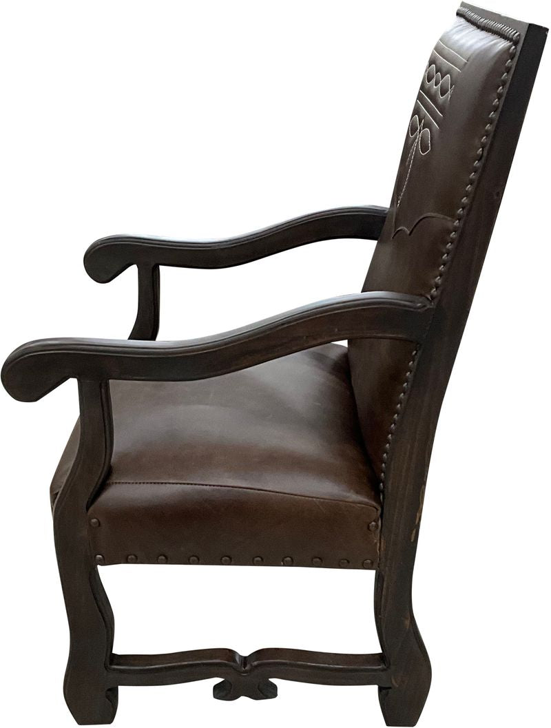 Brown leather chair with arms and decorative western boot stitch on backrest - Your Western Decor