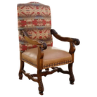 Chair with patterned backrest and leather seat and carved frame