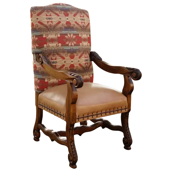 Chair with patterned backrest and leather seat and carved frame